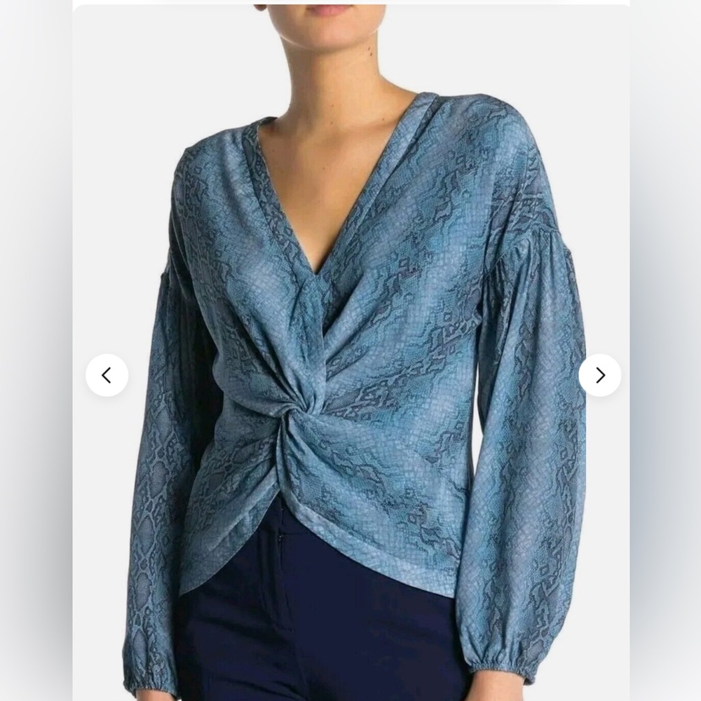 RAMY BROOK Averie Blue Silk Print Twist Front Long Sleeve Small